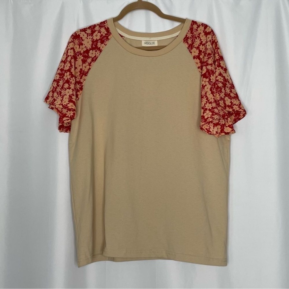 Roolee Tan Tee Shirt with flowy floral short sleeves Size XXXL